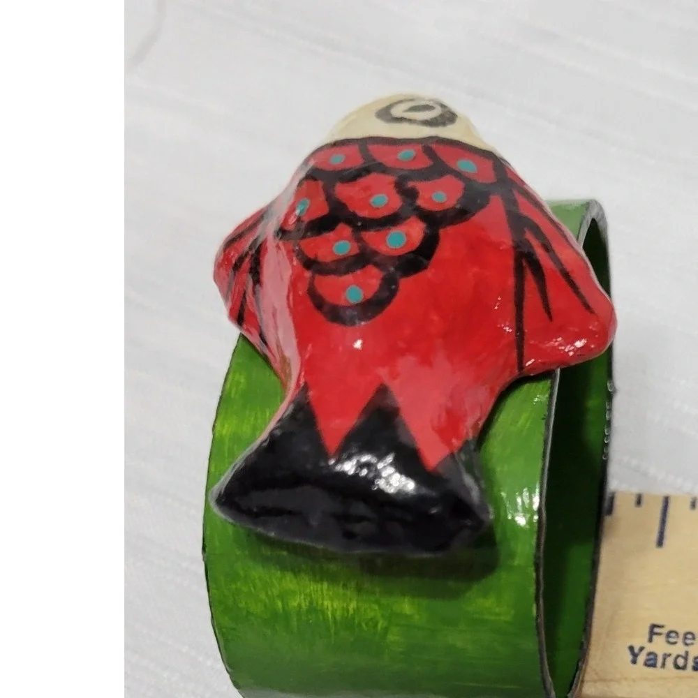 Vintage Folk Art Hand Painted Papier Mache Fish Napkin Rings Colorful